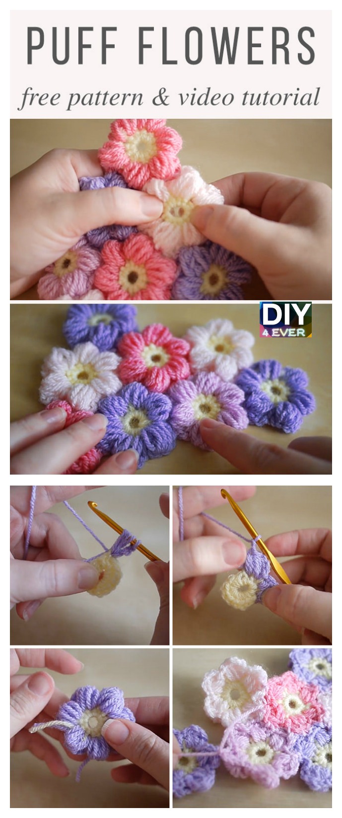 Crochet Puff Flowers - Free Pattern & Video Tutorial