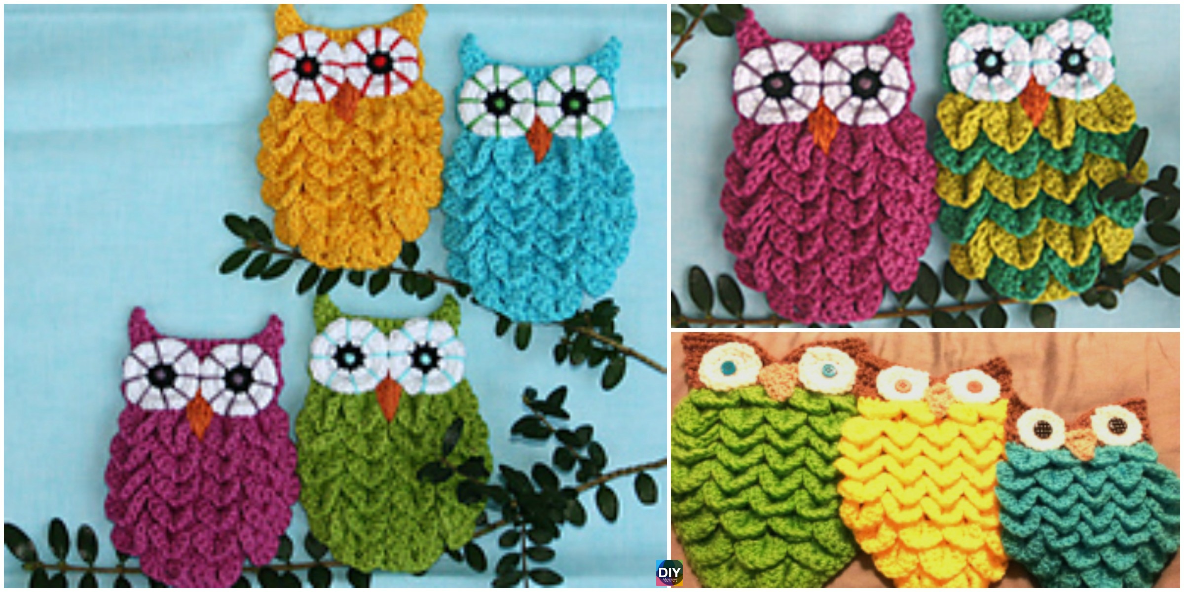 diy4ever-Crochet Crocodile Stitch Owls -free & paid pattern/video
