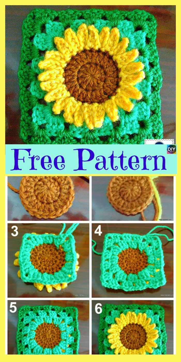 diy4ever-Crochet Sunflower Granny Square - Free Pattern 