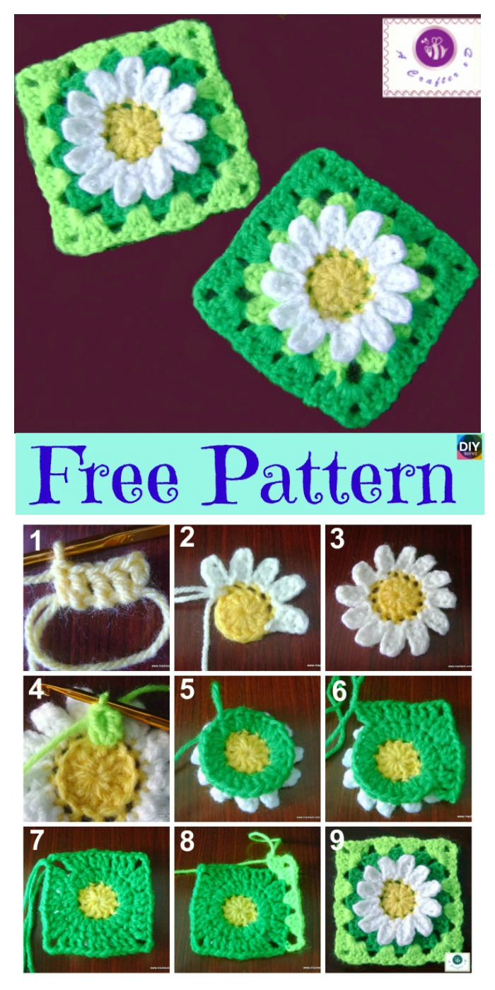 diy4ever-Crochet Sunflower Granny Square - Free Pattern P