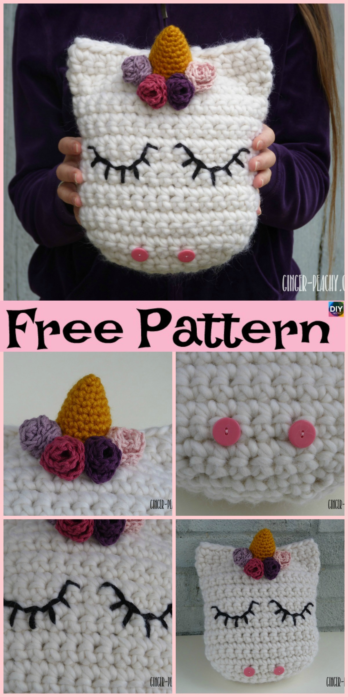 diy4ever-Cute Crochet Unicorn Pillow - Free Patterns