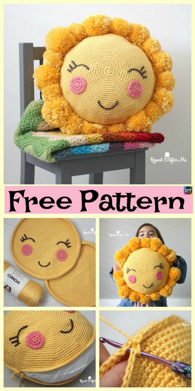 diy4ever- PomPom Crocheted Sunshine Pillow - Free Pattern