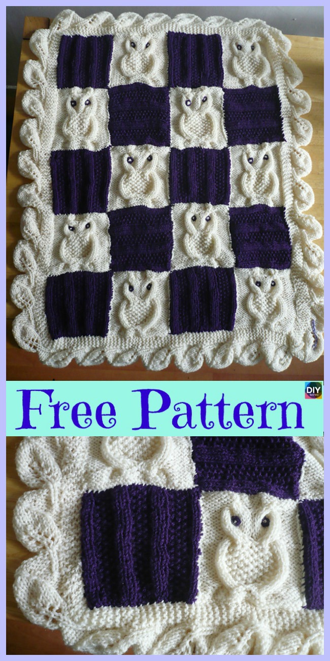 diy4ever-Adorable Knit Cable Owl Blanket - Free Pattern