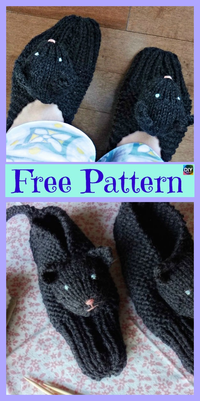 diy4ever-Adorable Knit Kitty Slippers - Free Patterns 