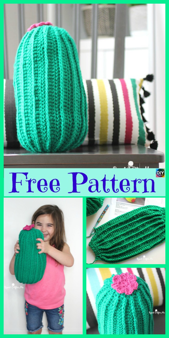 diy4ever-Beautiful Crochet Cactus Pillow - Free Patterns
