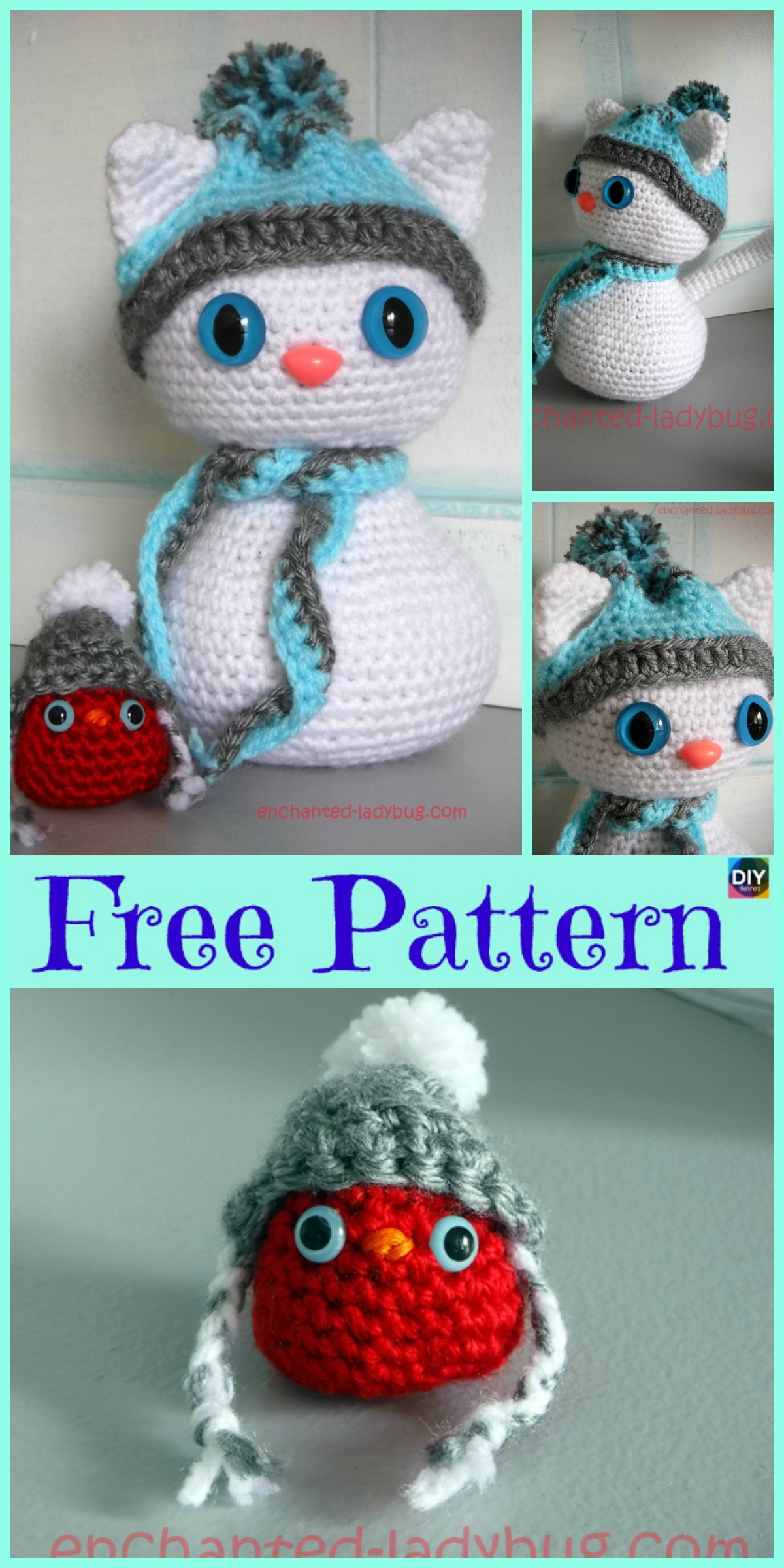 diy4ever-Crochet Snow Cat & Red Bird Buddy - Free Pattern