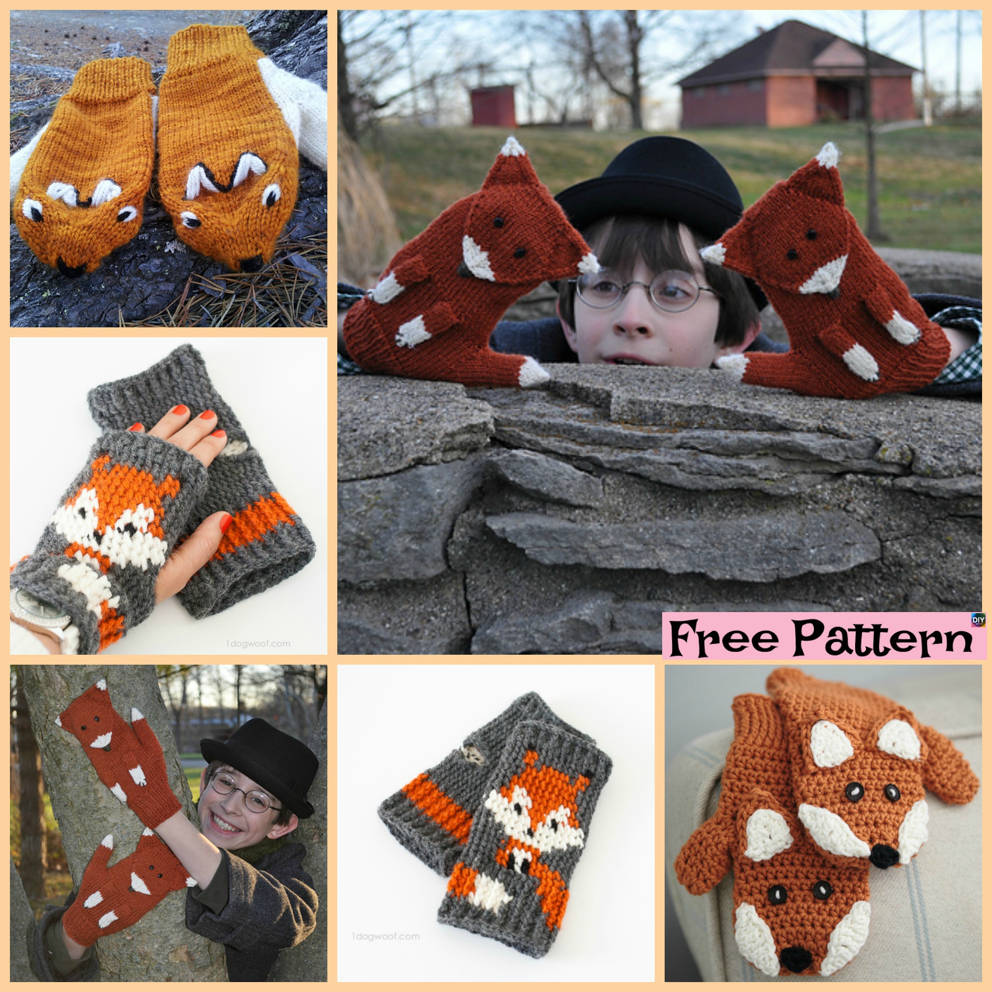 diy4ever-Knit Crochet Fox Mittens - Free Patterns 
